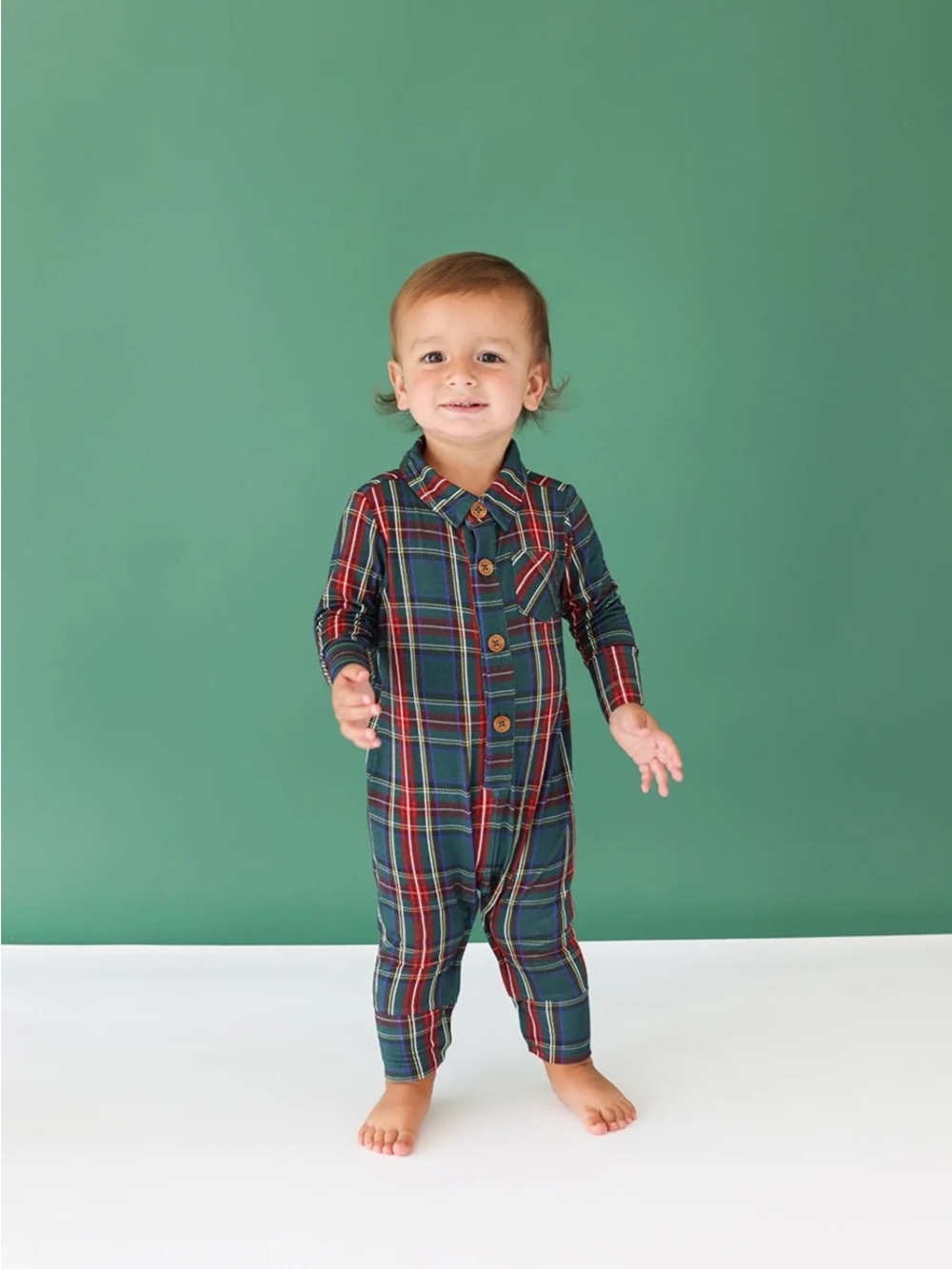 Posh Peanut Plaid Button-Front One-Piece Romper - Green